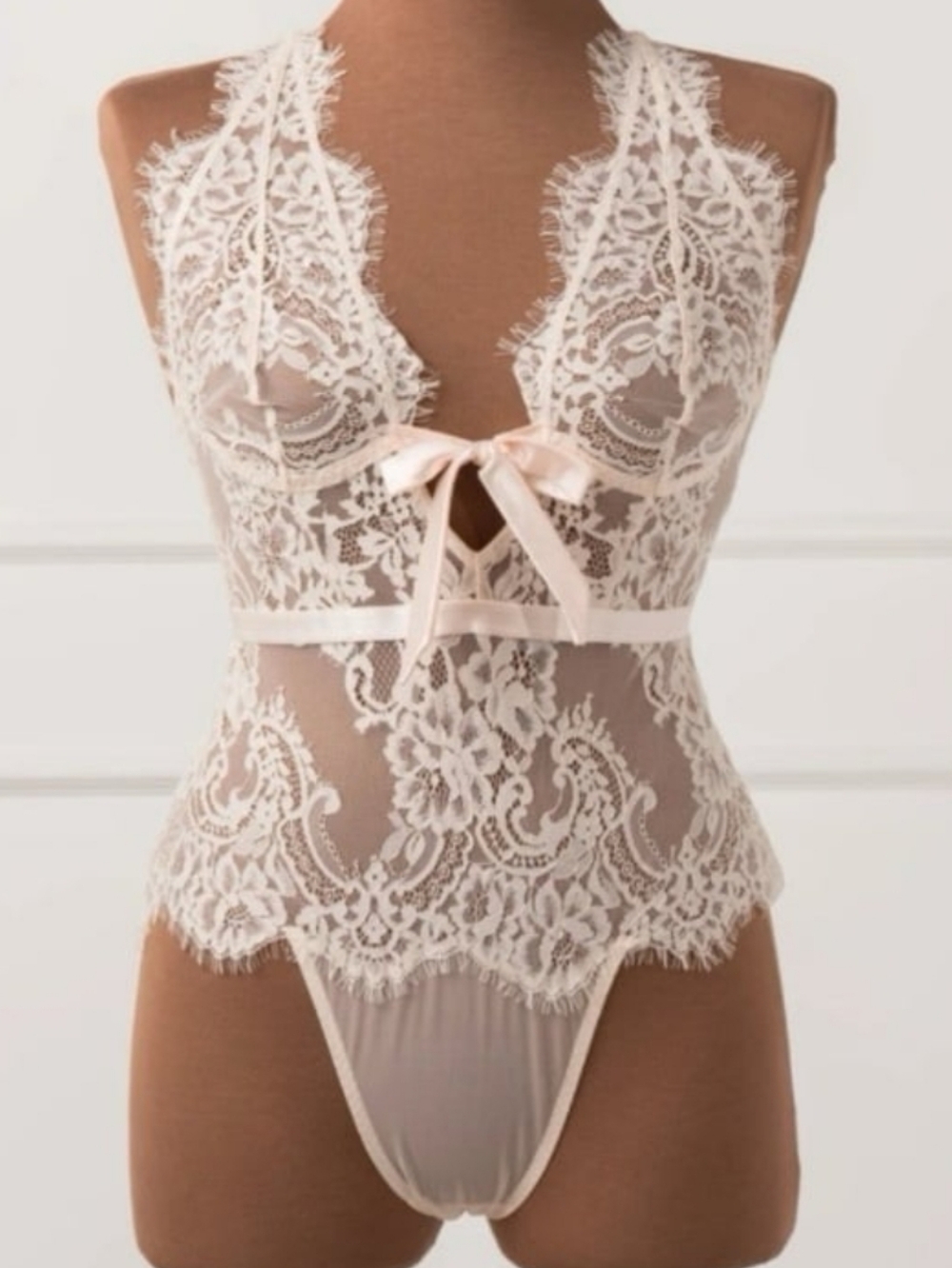 Sheer Lace Plunge Lingerie with Satin Bow in Blush